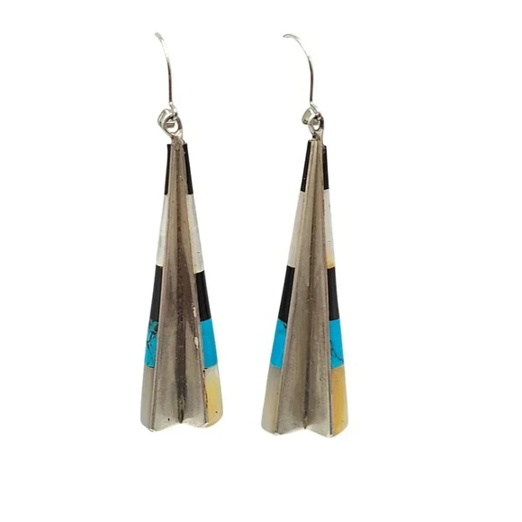Zuni Sterling Silver Inlay Cone Shaped Dangle Earrings With Turquoise Onyx Shell - Picture 1 of 6